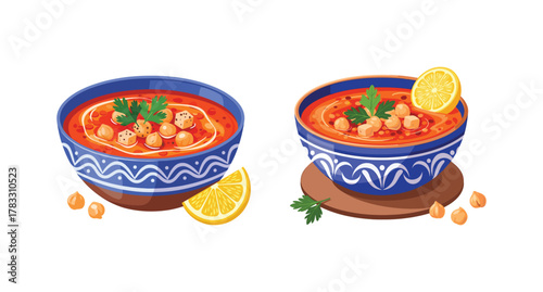 Traditional Moroccan Harira bowl  Ramadan and Eid food concept flat vector illustration