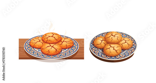 Traditional Moroccan Ghriba biscuits  flat 2D dessert illustration with geometric plate pattern vector
