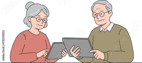 Older adults using tablets cartoon illustration, symbolic digital literacy and expressive shared tech engagement artwork for design and education