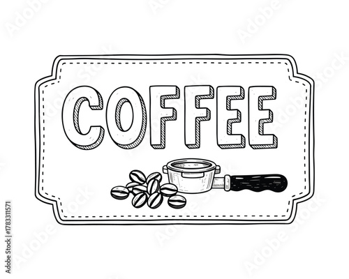 Coffee Word with Portafilter and Beans Illustration Vector