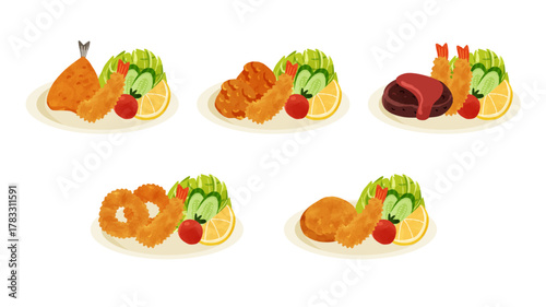 ミックスフライ5種類セット　水彩風手描きベクターイラスト