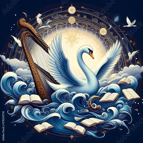 Swan and a harp in celestial aquatic background
