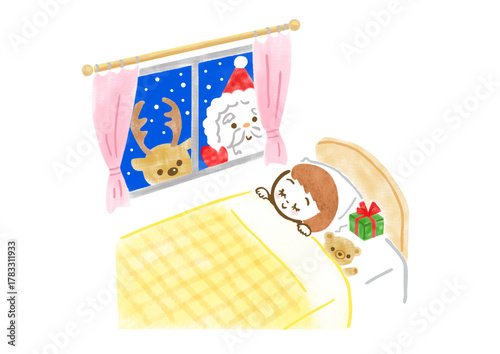 女の子が眠るベッドの枕元にプレゼント、窓からはサンタとトナカイがのぞいているクリスマスイラスト