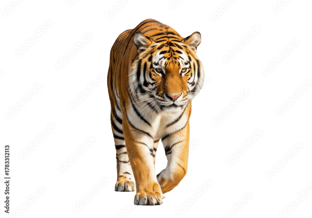 Obraz premium Majestic siberian tiger, vibrant orange fur, black stripes, walking, intense gaze, transparent studio background, soft light, concept of market dominance
