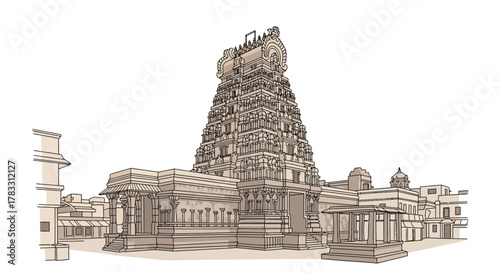 Architectural Illustration of an Ancient Temple in India