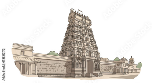 Magnificent Hindu Temple Illustration with Ornate Tower and Wall