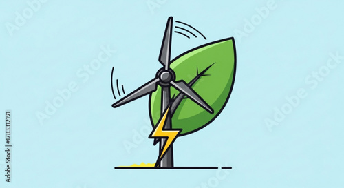 Wind turbine renewable energy illustration with leaf and lightning bolt for eco friendly power generation