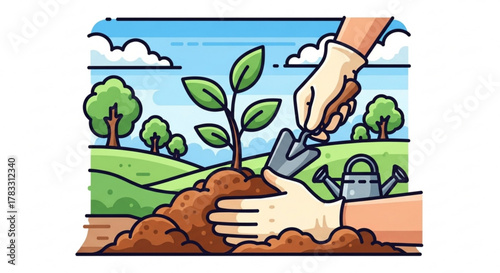 Planting new tree sapling in garden illustration vector design for agriculture and environment concept