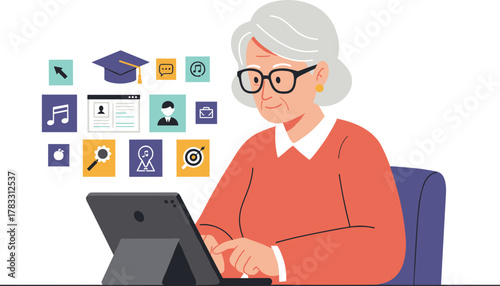 Senior learning with tablet cartoon illustration, symbolic digital literacy and expressive lifelong education artwork for design and education