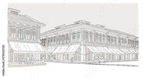 Architectural Line Art of a Historic Urban Street Scene