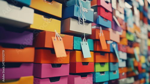 A colorful stack of cardboard shoe boxes with visible discount tags. The boxes are arranged in various colors, creating a vibrant display.