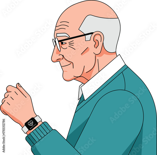 Senior man checking smartwatch cartoon illustration, symbolic digital health monitoring and expressive wellness technology artwork for education