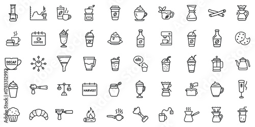 A collection of various coffee and beverage icons in a monochrome style.