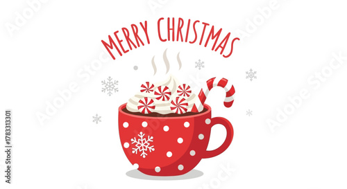 Festive red mug filled with whipped cream and peppermint candies adorned with a candy cane and snowflakes wishing merry christmas