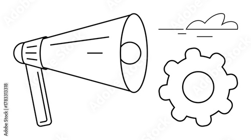Megaphone with sound rays, gear, and cloud outline. Ideal for marketing, teamwork, problem-solving, publicity, efficiency strategy innovation. A simple flat metaphor