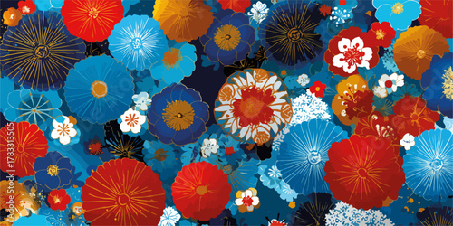 Fundo vibrante com padrão floral abstrato em tons de azul, vermelho e laranja, estilo japonês.