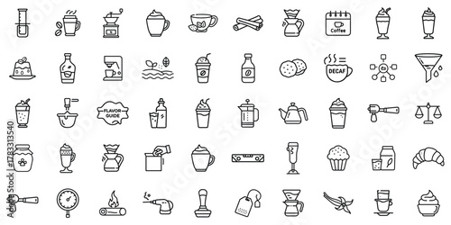 Variety of coffee and beverage-related icons showcased in a minimalist black and white design.