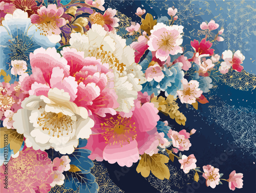 Vetor floral luxuoso com peônias e flores de cerejeira em tons de rosa e azul sobre fundo escuro.