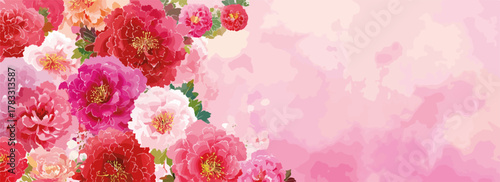 Vetor de peônias vibrantes em tons de rosa e vermelho sobre fundo aquarelado suave