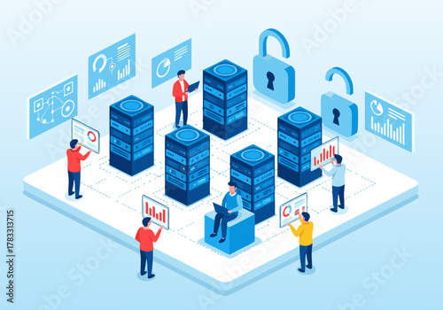 Secure Data Management and Cybersecurity Team Collaboration within a Cloud Server Infrastructure, an Isometric Illustration of Digital Network Protection and Information Security