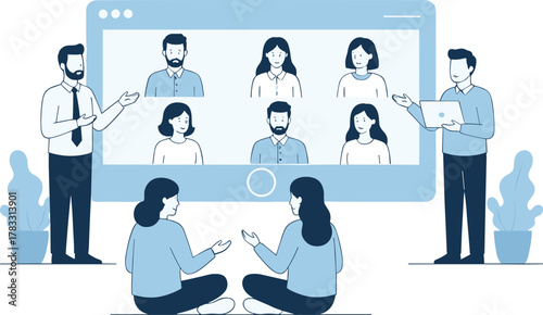 Virtual meeting cartoon illustration, symbolic remote collaboration and expressive digital group interaction artwork for design and education