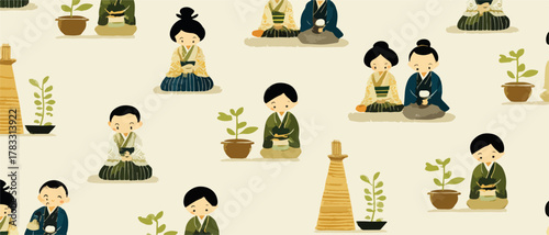 Padrão de vetor fofo com pessoas em quimono participando de cerimônia do chá ou meditação japonesa.