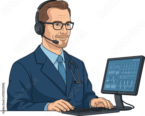 Telemedicine professional cartoon illustration, symbolic remote diagnostics and expressive digital healthcare interface artwork for design and education