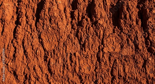 Footprints in Red Clay Soil Ground Texture Background