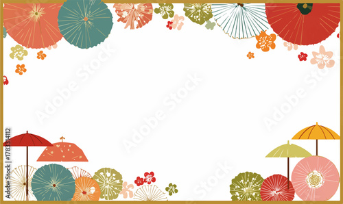 Moldura decorativa japonesa com guarda-chuvas orientais coloridos e flores, design tradicional para convite.
