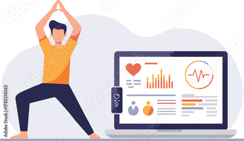 Yoga pose with health data cartoon illustration, symbolic fitness tracking and expressive digital wellness artwork for design and education