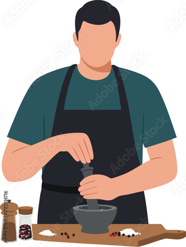 Minimalist Vector Illustration of Man Grinding Spices in Modern Style with Neutral Colors for Culinary and Cooking Applications
