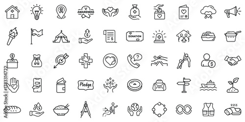 A collection of minimalist black and white icons representing charity and community support initiatives.