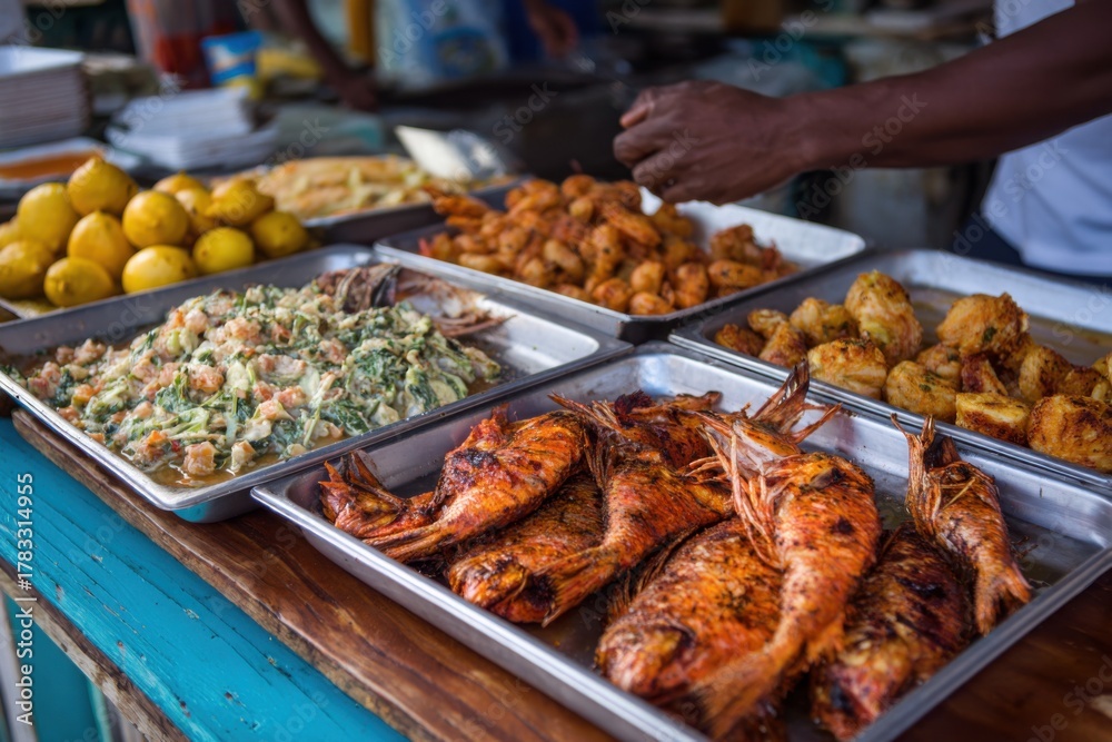 Fototapeta premium Enjoy a vibrant fish fry feast in Nassau Bahamas with fresh catches and traditional flavors prepared in a lively setting