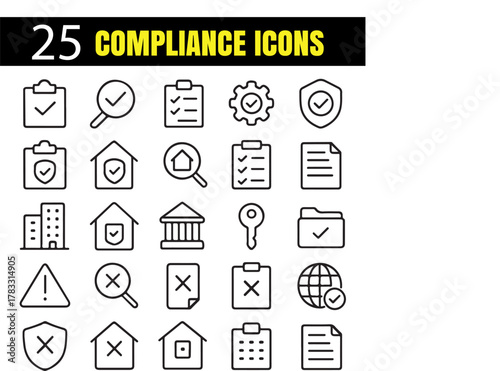 Compliance vector set, legal regulation icons, corporate policy outline collection, governance illustration pack, ethics management concept design bundle
