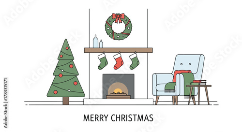 Cozy christmas scene with decorated fireplace stockings christmas tree and armchair perfect for holiday greetings and winter themes