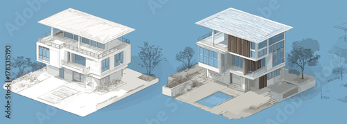 Dois projetos de casas modernas com piscina e paisagismo em vetor isometrico