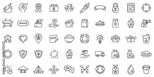 A collection of linear icons representing community support, charity, and healthcare themes.
