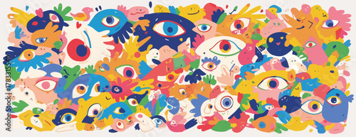 Ilustração vibrante de um padrão abstrato com olhos e formas coloridas, estilo de arte infantil.