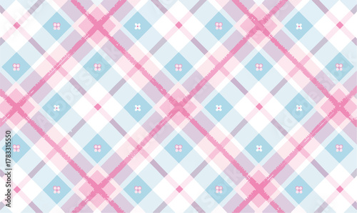 Padrão xadrez delicado em tons pastel de rosa e azul claro com pequenos detalhes