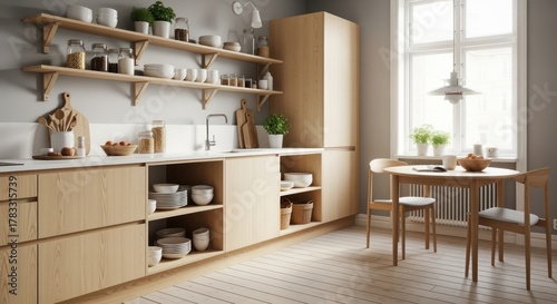 Bright, modern Scandinavian kitchen design with warm wood cabinets, abundant natural light, and cozy dining nook perfect for home lifestyle content.