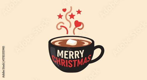 Cozy black mug filled with hot chocolate and a marshmallow decorated with festive steam hearts and stars wishing merry christmas
