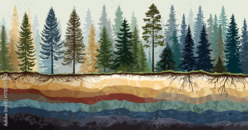 Ilustração de floresta com camadas de solo e raízes de árvores expostas, representando o ecossistema.
