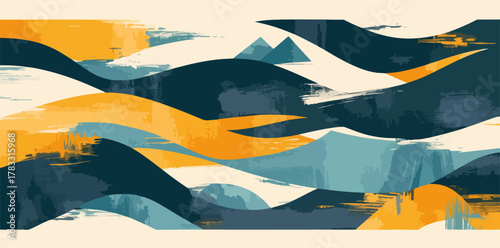 Ondas abstratas em tons de azul e laranja com textura de pinceladas, criando um visual dinâmico e moderno.