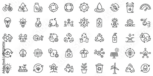 A collection of eco-friendly icons representing sustainability and recycling themes in black and white.