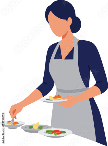 Minimalist Vector Illustration of Woman Chef Serving Dishes in Modern Style with Neutral Colors and Clean Lines