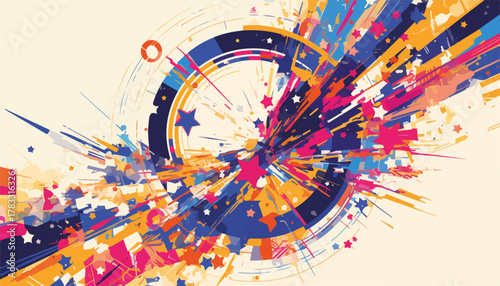 Explosão vibrante de formas abstratas e cores em um design dinâmico e energético.