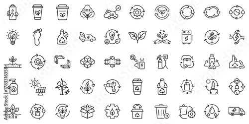 A collection of eco-friendly icons featuring plants, recycling symbols, and energy-saving illustrations.