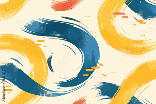 Padrão abstrato com pinceladas vibrantes em tons de azul, amarelo e laranja sobre fundo claro.