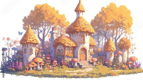 Vetor de uma vila encantada com casas em formato de cogumelo e árvores exuberantes.