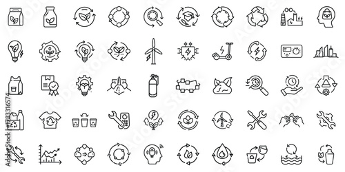 Collection of eco-friendly icons representing sustainability and innovation in a minimalist style.